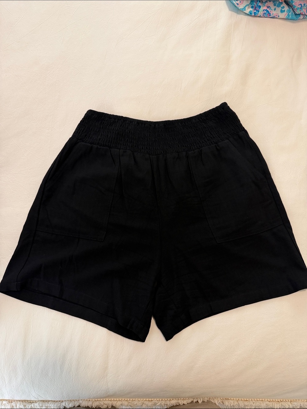 Women's Black Elastic-Waist Shorts- Rayon/ Linen blend.